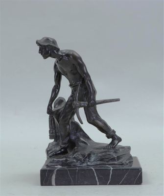 statue of a man with a sword and a dog on a marble base