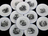 six plates with black and white images of people and animals on them