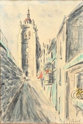 painting of a street with a clock tower in the distance