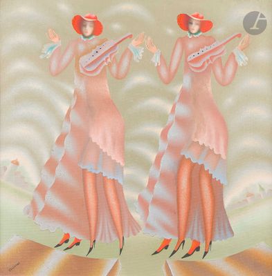 painting of two women in pink dresses and red hats playing musical instruments