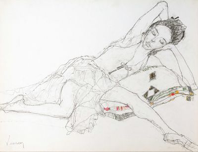 drawing of a woman laying on the ground with her arms behind her head