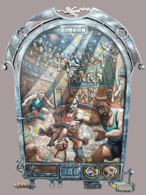 a painting of a group of men wrestling in a wrestling ring