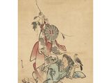 an old painting of a man riding a horse with a bird on his back