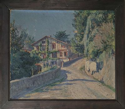 tableau représentant une route de campagne avec une maison et des arbres en arrière-plan
