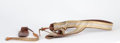a brown purse and a brown shoe on a white surface