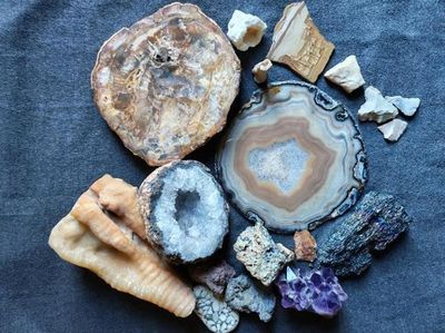 Collection de pierres et minéraux : agate, bois fossilisé, a…