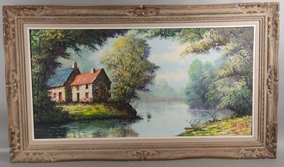 tableau représentant une maison au bord d'une rivière, encadré et accroché au mur
