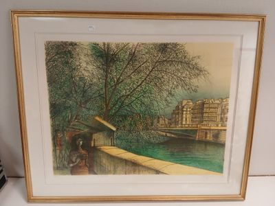 framed picture of a painting of a bridge over a body of water
