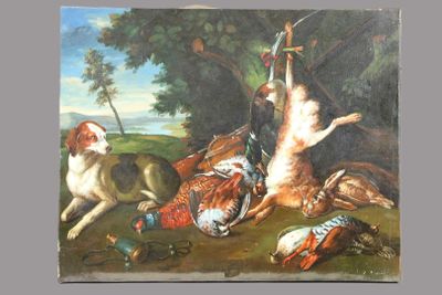 a painting of a dog and a cat playing with a bird