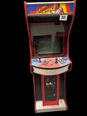 une image représentant une petite borne d'arcade aux couleurs rouge et bleue