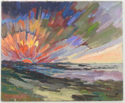 une peinture à l'huile représentant un coucher de soleil sur une étendue d'eau