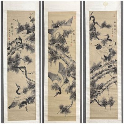 Japon XIX° Ensemble de trois rouleaux Kakemono