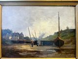 an oil painting of a boat on a beach with a house in the background