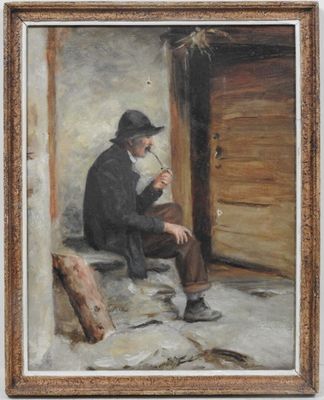 une peinture à l'huile représentant un homme assis sur un rebord, en train de fumer une cigarette