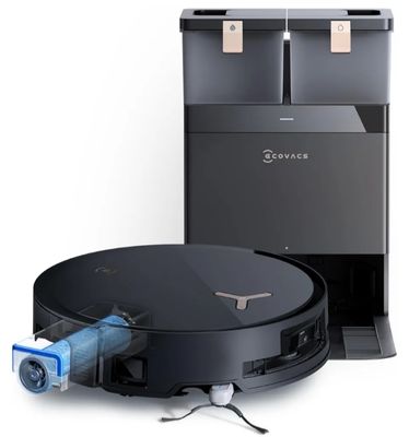 une image représentant un aspirateur robot et une boîte de produits d'entretien