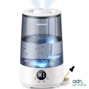 L'humidificateur est blanc et une lumière bleue en émane.