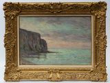an oil painting of a cliff by the ocean with a boat in the water