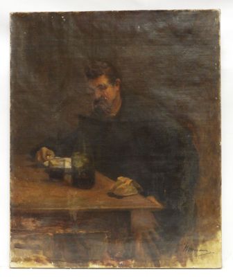 painting of a man sitting at a table with a bottle of wine