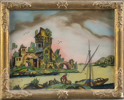 une image d'une photo d'un tableau représentant un château au bord de l'eau