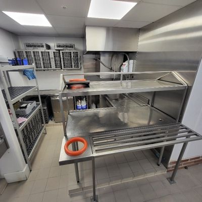 une grande cuisine avec des plans de travail et des étagères en inox