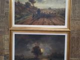 two framed paintings of a man and a woman in a landscape