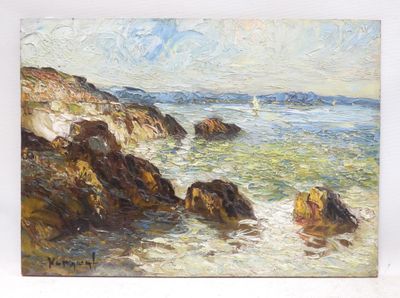 an oil painting of a rocky beach with a sailboat in the distance