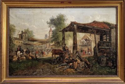 an oil painting of a village scene with a horse drawn carriage