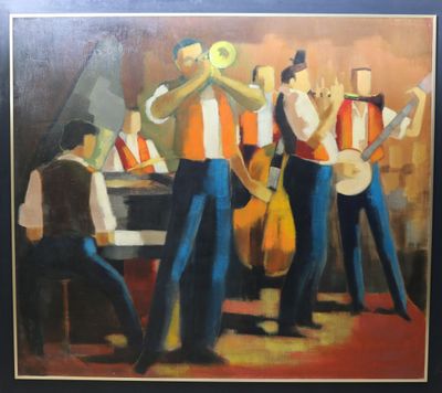tableau représentant un groupe d'hommes jouant de la musique dans une pièce