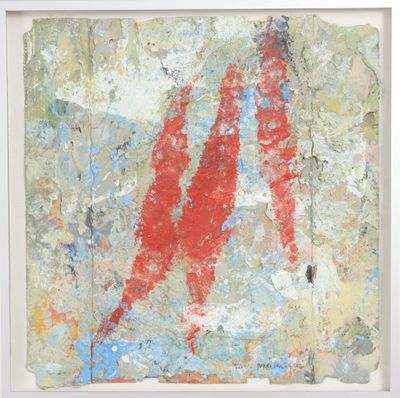an abstract painting of a red fish in a white frame
