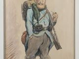 tableau représentant un homme avec un sac à dos et un fusil
