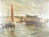 un tableau représentant des bateaux sur l'eau, avec un phare en arrière-plan