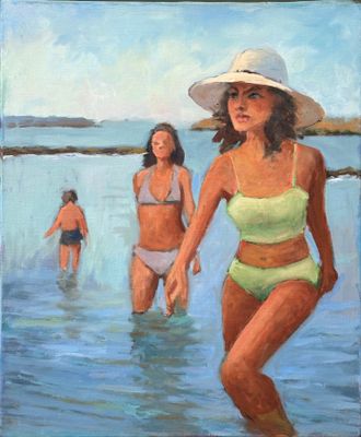 painting of a woman in a bikini and a hat walking in the water