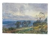 a watercolor painting of a landscape with trees and a body of water