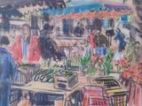 painting of people shopping at an outdoor market with umbrellas