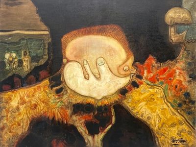 un tableau représentant un homme coiffé d'un chapeau, posé sur une table