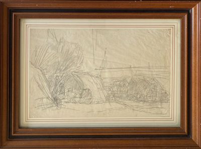 a drawing of a landscape with a house in the distance