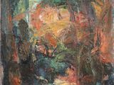 an oil painting of a forest scene with trees and bushes