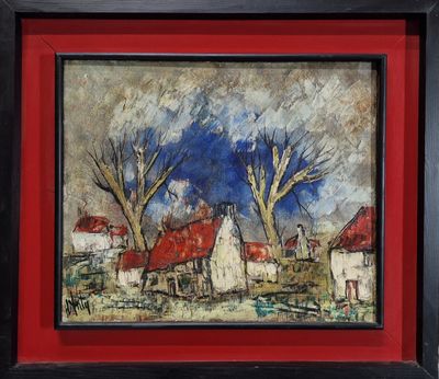 a painting of a village with a red roof and trees in the foreground