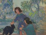 a painting of two children and a dog by the water