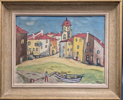 un tableau représentant un bateau devant un immeuble