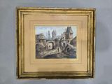 un vieux tableau représentant une scène de village, avec des moutons au premier plan et un château à l'arrière-plan