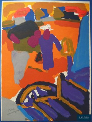an image of a painting of people in a room with oranges and purples