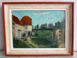 une peinture à l'huile représentant une maison dans un champ, avec un chemin