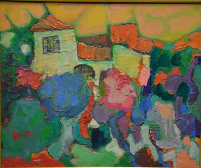 une peinture représentant un groupe de personnes marchant dans la rue