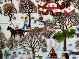a painting of a winter scene with people and horses