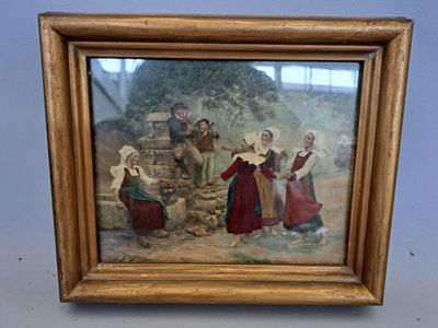 tableau représentant un groupe de personnes dans un village