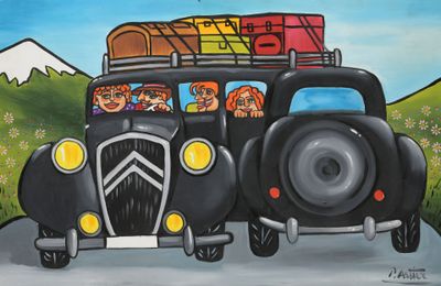 a painting of a black car with luggage on top of it