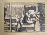 drawing of a group of people standing in front of a window