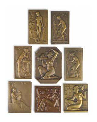 six bronze plaques depicting nudes and other nudes on a white background