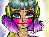 drawing of a girl with headphones and a tattoo on her arm